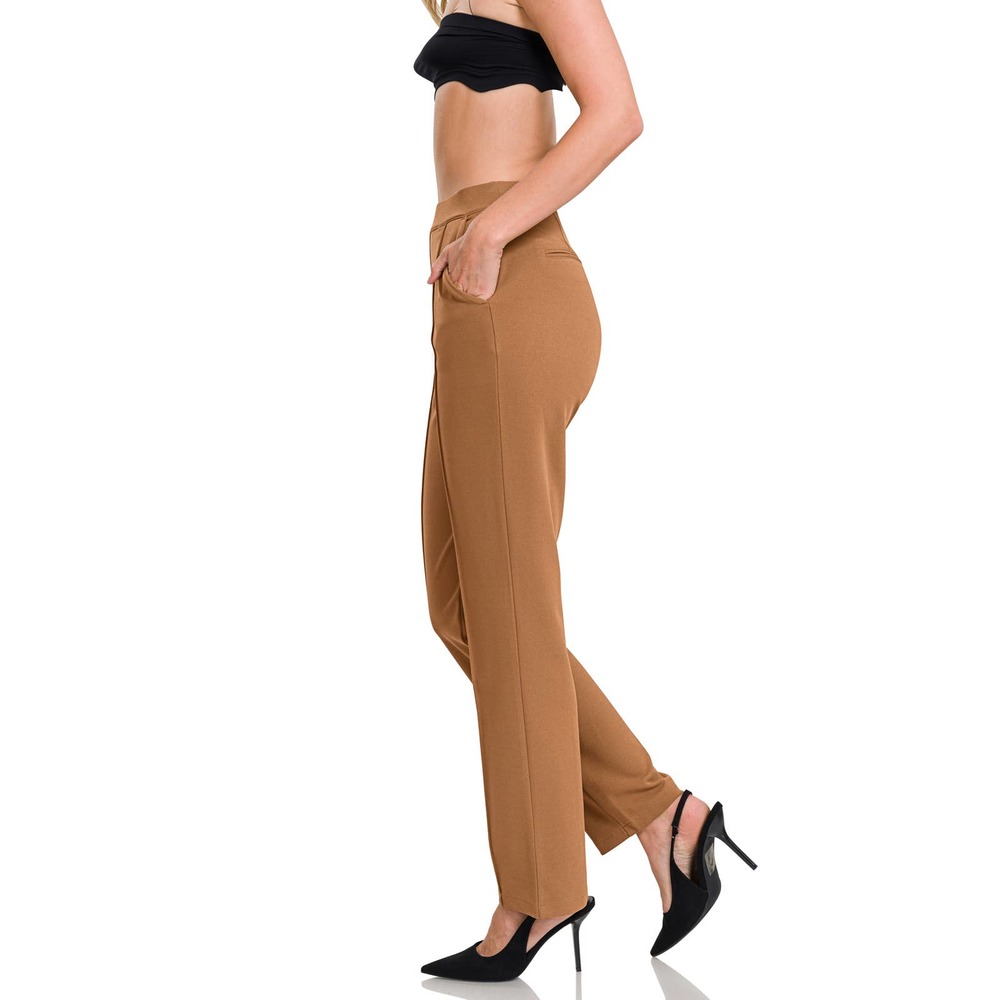 ZENANA WOMEN'S STRETCH PULL-ON SCUBA CREPE DRESS PANTS DARK CAMEL - Picture 2 of 5